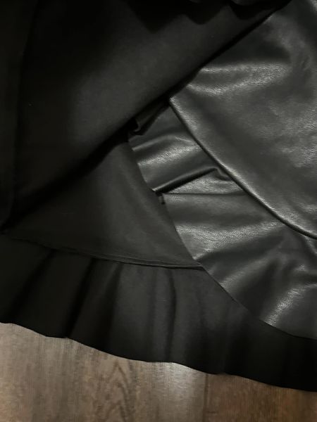 Size S - Black vegan leather skirt with asymmetrical ruffle trim