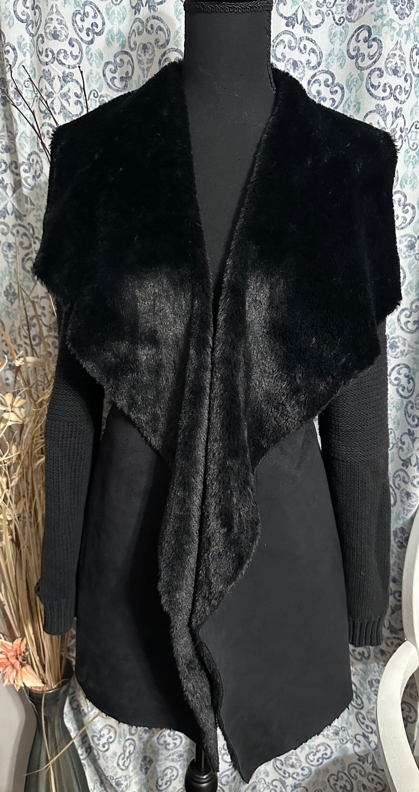 Fever Cardigan Sweater Women Size L Faux Fur Suede Black Long Shiny