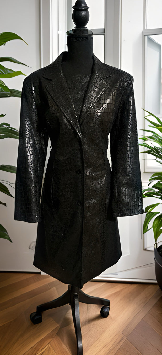 Vintage 90s Selene Sport Black Faux Leather Snakeskin jacket and sleeveless sheath dress