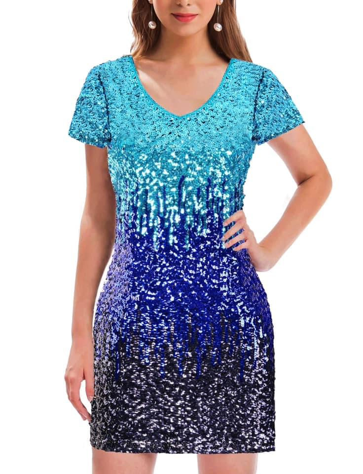 Size XXL NWT Glitter Short Sleeve Sequin Dress V Neck Mini Party Club Bodycon Dress