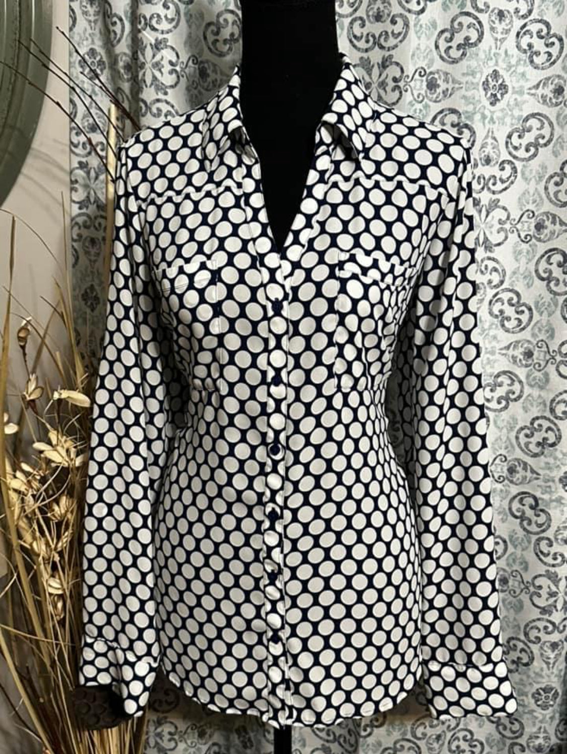 Size L blue and white polka dot express blouse