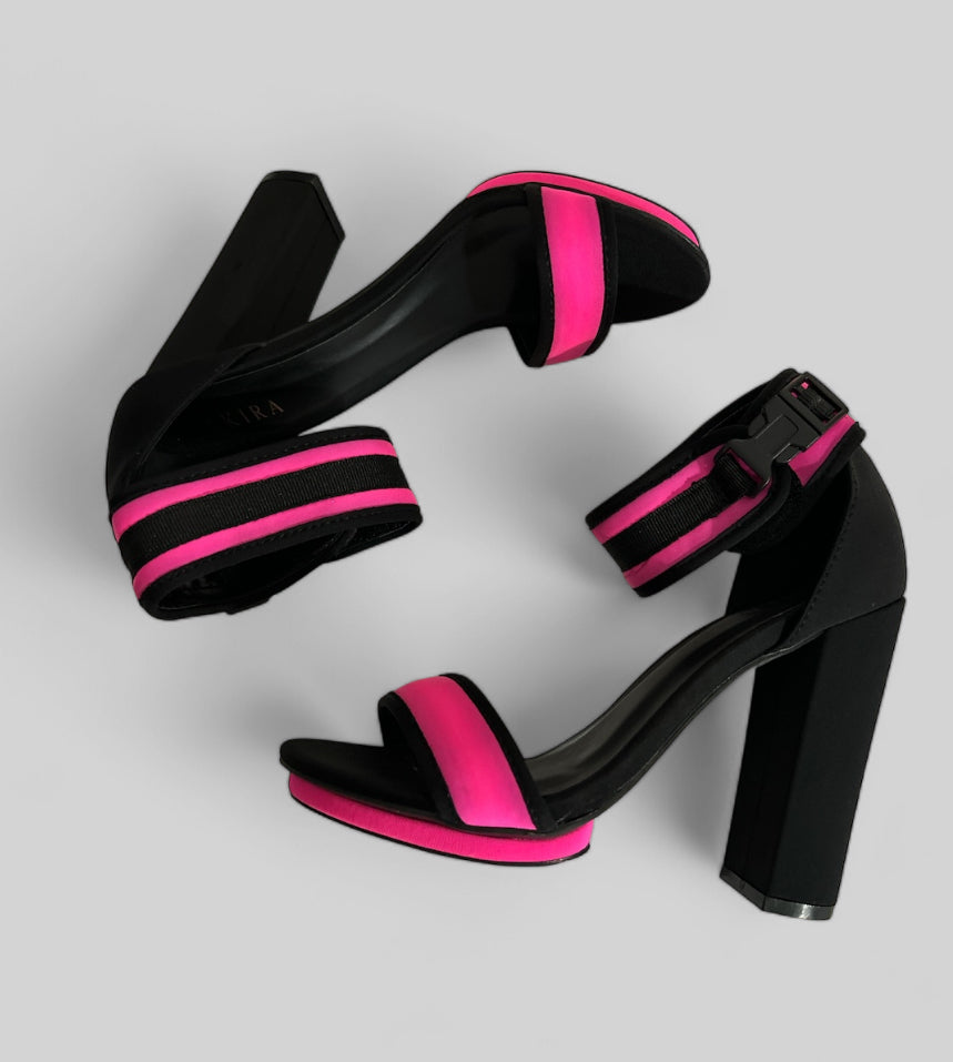 Size 7.5 Neon Pink Black Lycra Chunky High Heels