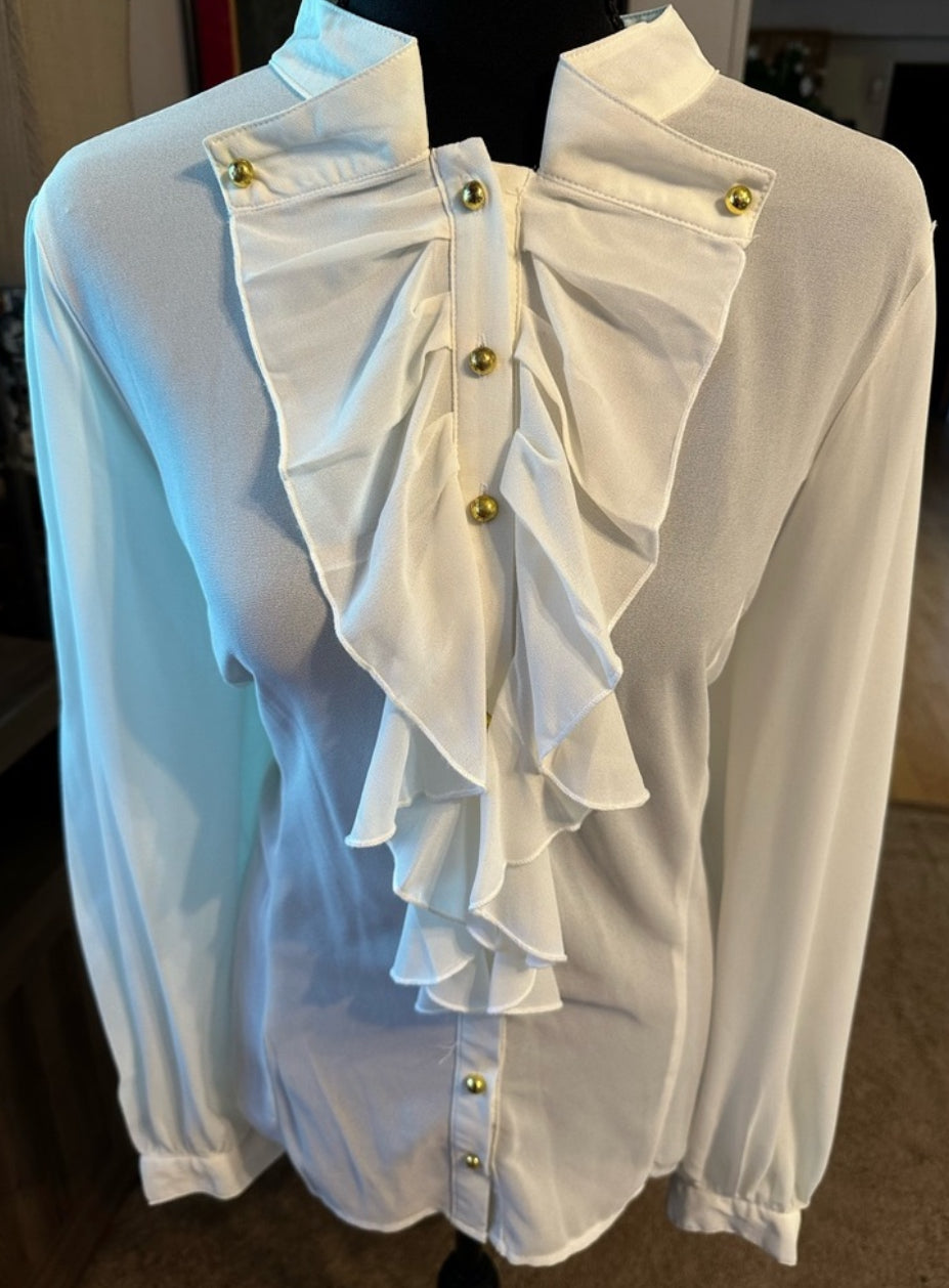 Size 2x sheer ivory blouse with ruffles and gold buttons