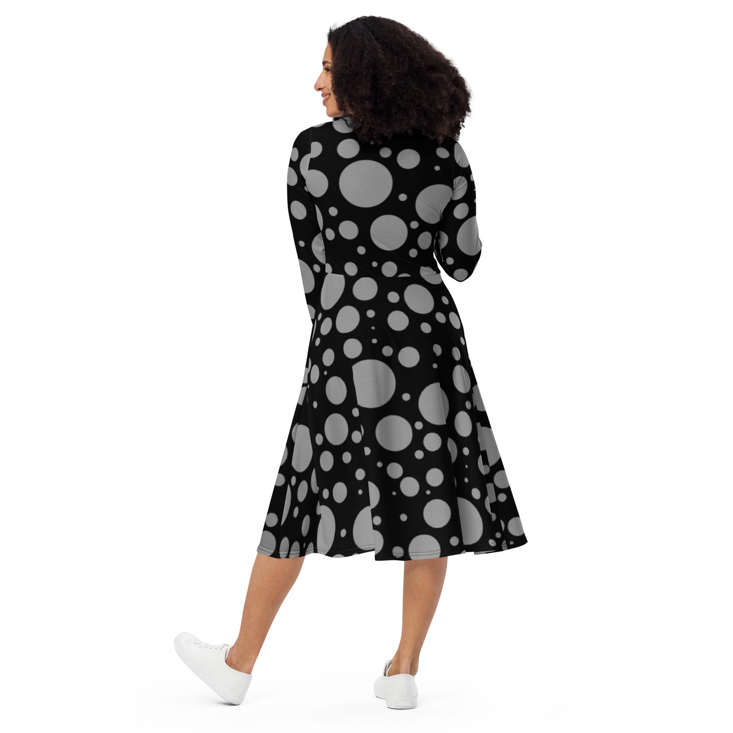 NEW Black and gray polka dot print long sleeve midi dress