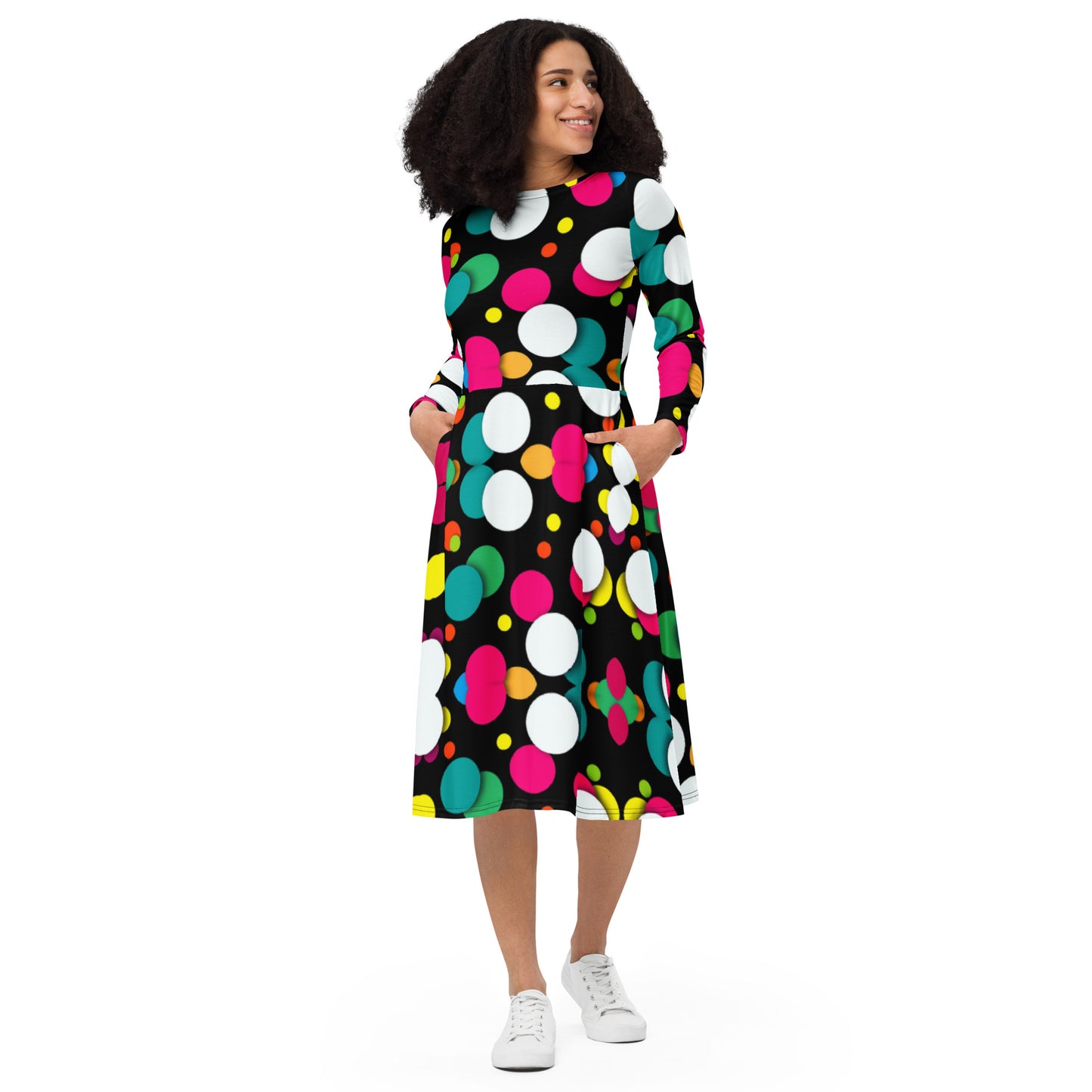 NEW Multi Print polka dot long sleeve midi dress