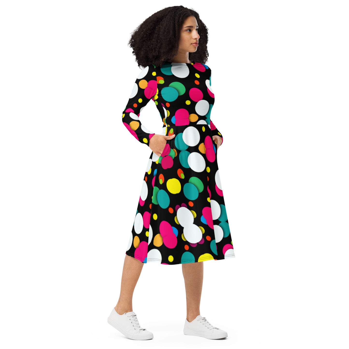 NEW Multi Print polka dot long sleeve midi dress