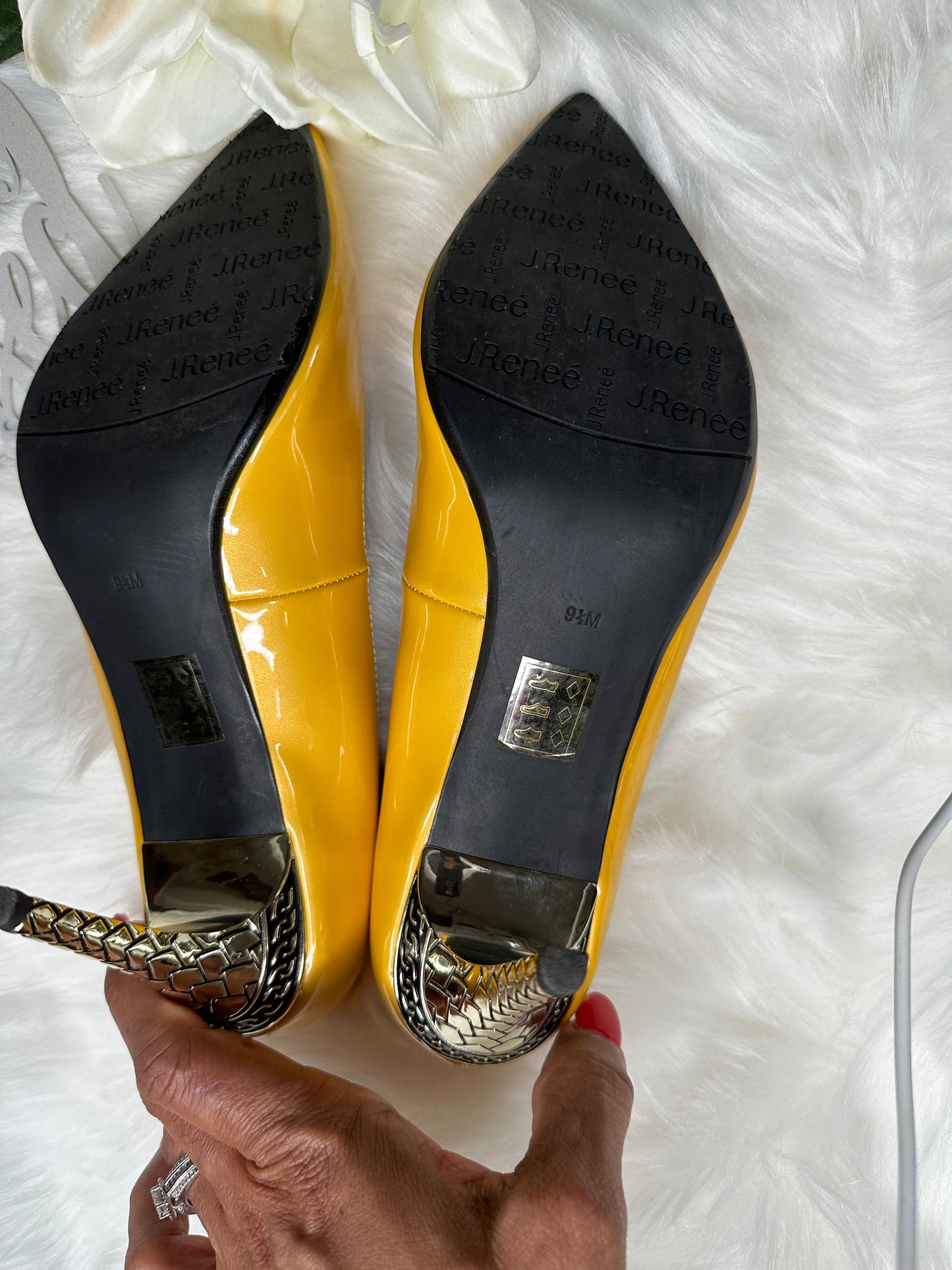 Size 9.5M Maressa pumps with a pearlized upper and look-at-me heels. Form J. Renee.