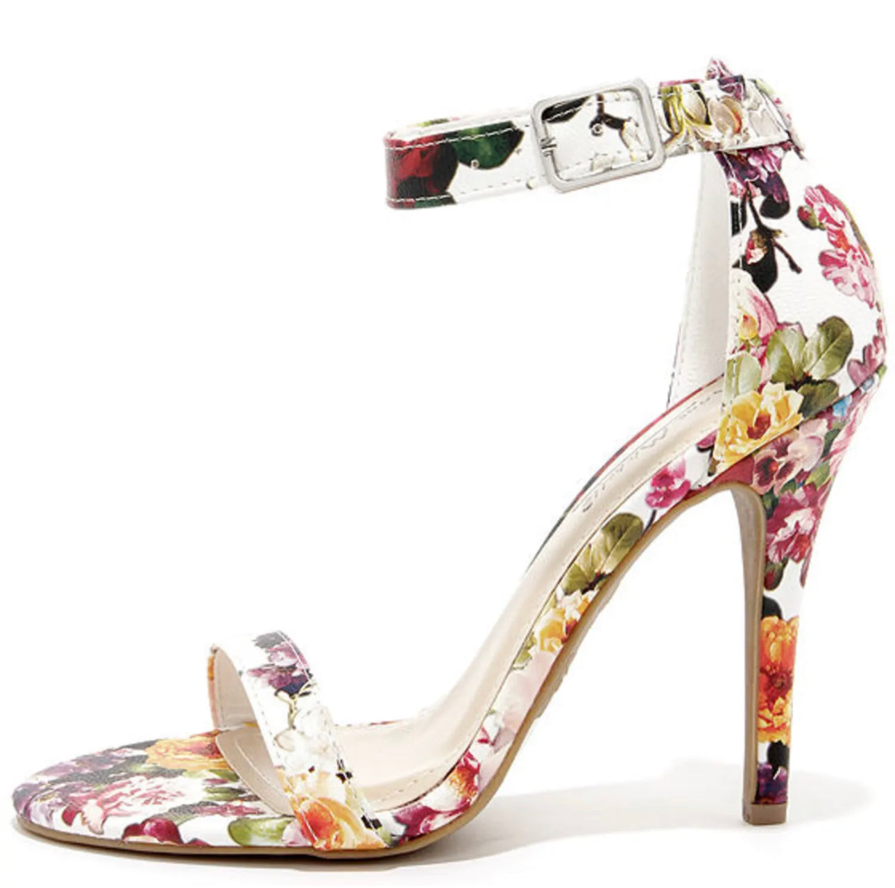 Size 8 Anne Michelle Enzo 01Y White Floral Print Single Strap Heels