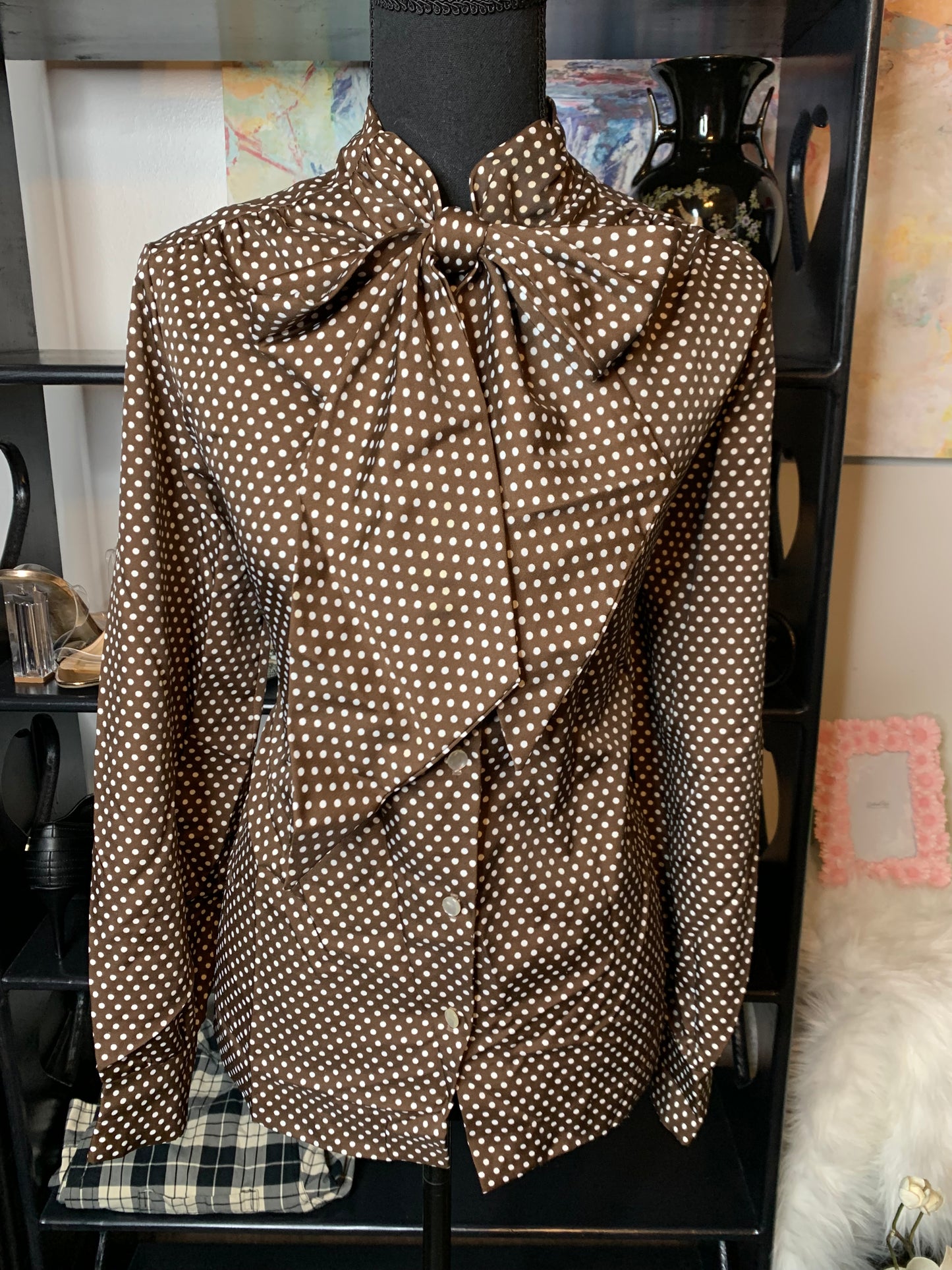 Brown polka dot pbow blouse