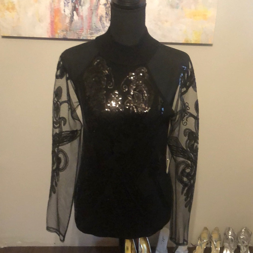 INC sz small black top with mesh sleeves