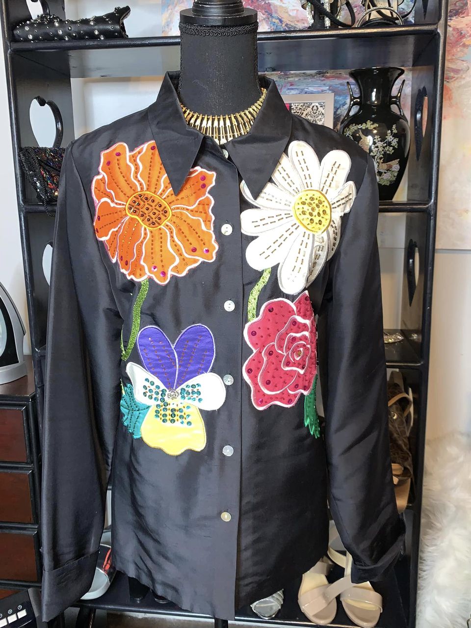 Size M silk floral sequin and beaded jacket