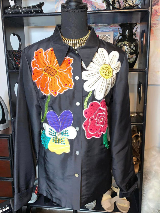 Size M silk floral sequin and beaded jacket