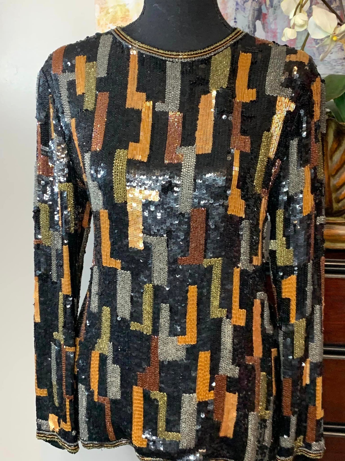 Size L black, brown, silver, and gold sequined top